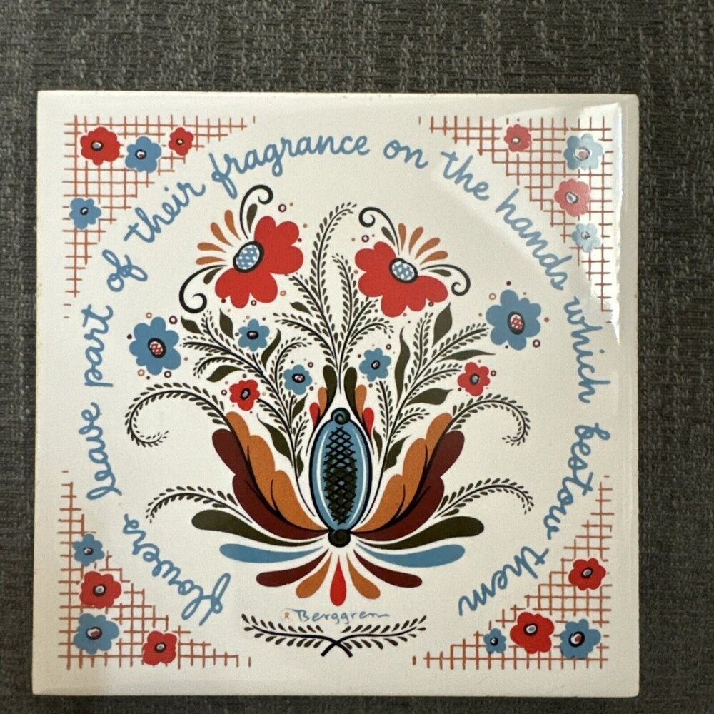 Vtg 1964 Berggren Trivet 6''X6'' Tile Swedish FOLK Art WHITE Felt Base Kitchen